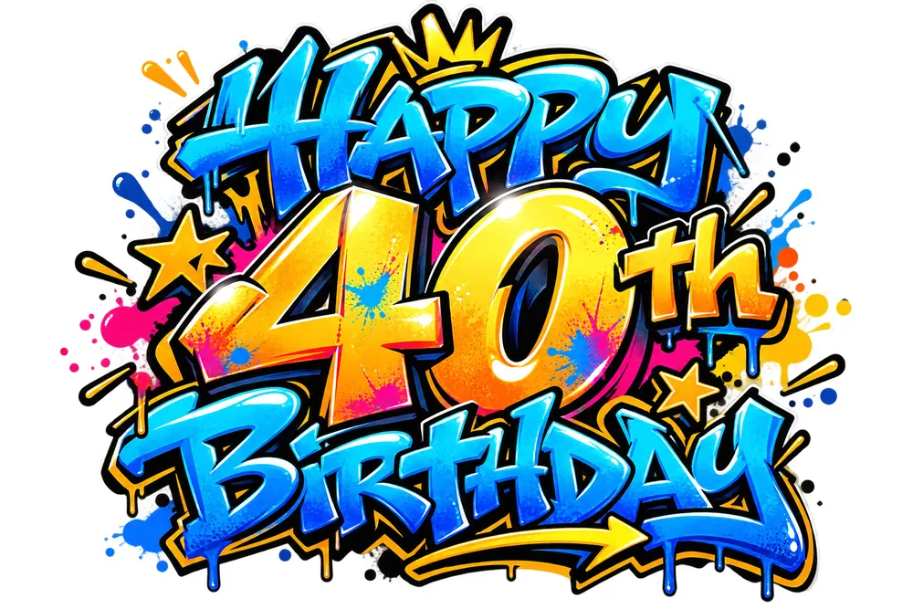 Graffiti Joyeux anniversaire 40 ans bleu et jaune – lettrage graffiti – Max Le Tagueur – 2026