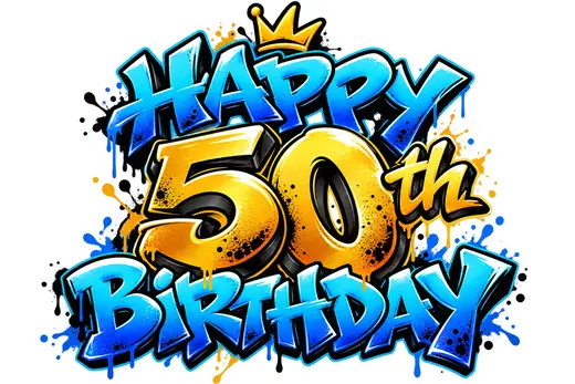 Graffiti Joyeux anniversaire 50 ans bleu et turquoise – lettrage graffiti – Max Le Tagueur – 2026