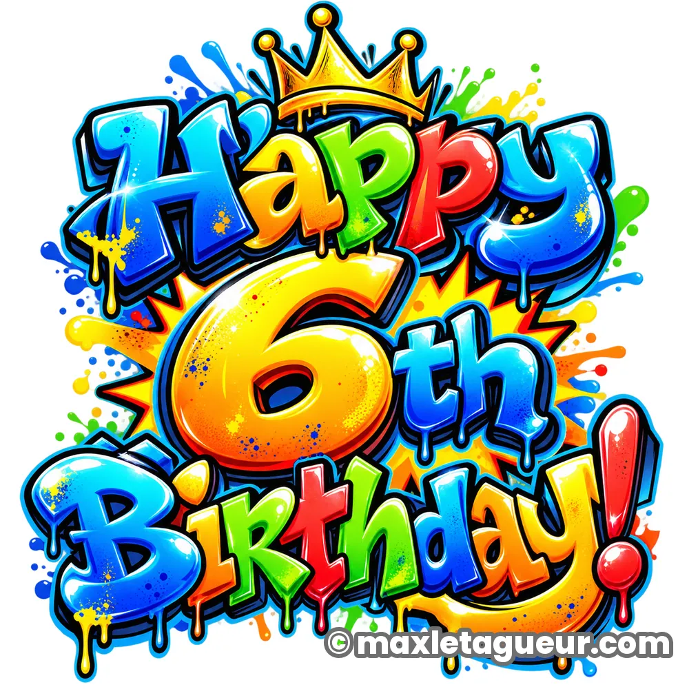 Graffiti Joyeux anniversaire 6 ans bleu et jaune – lettrage graffiti – Max Le Tagueur – 2026