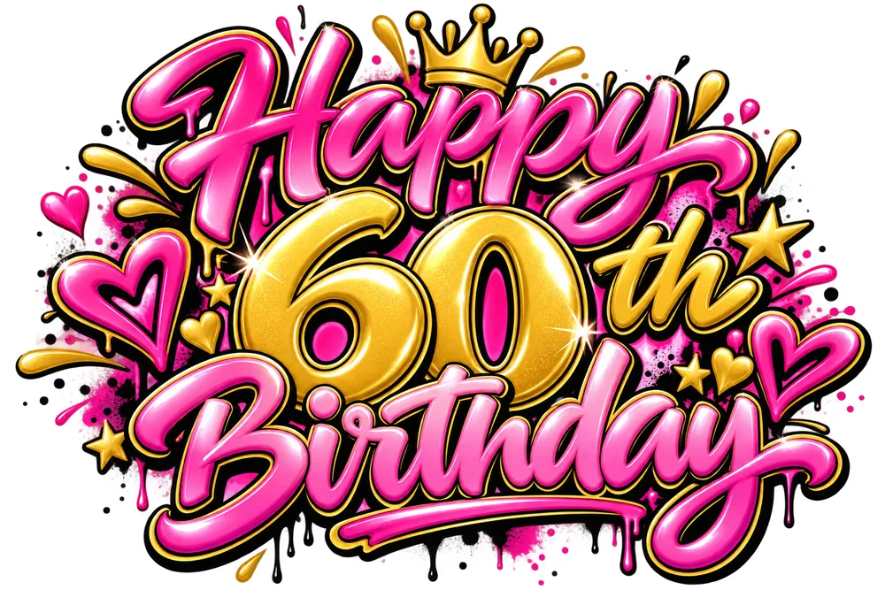 Graffiti Joyeux anniversaire 60 ans rose et orange – lettrage graffiti – Max Le Tagueur – 2026