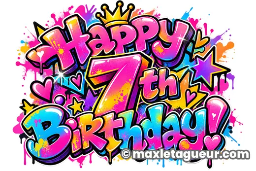 Graffiti Joyeux anniversaire 7 ans rose et violet – lettrage graffiti – style 2 – Max Le Tagueur – 2026