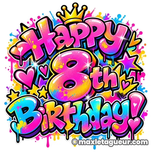 Graffiti Joyeux anniversaire 8 ans rose et jaune – lettrage graffiti – style 2 – Max Le Tagueur – 2026