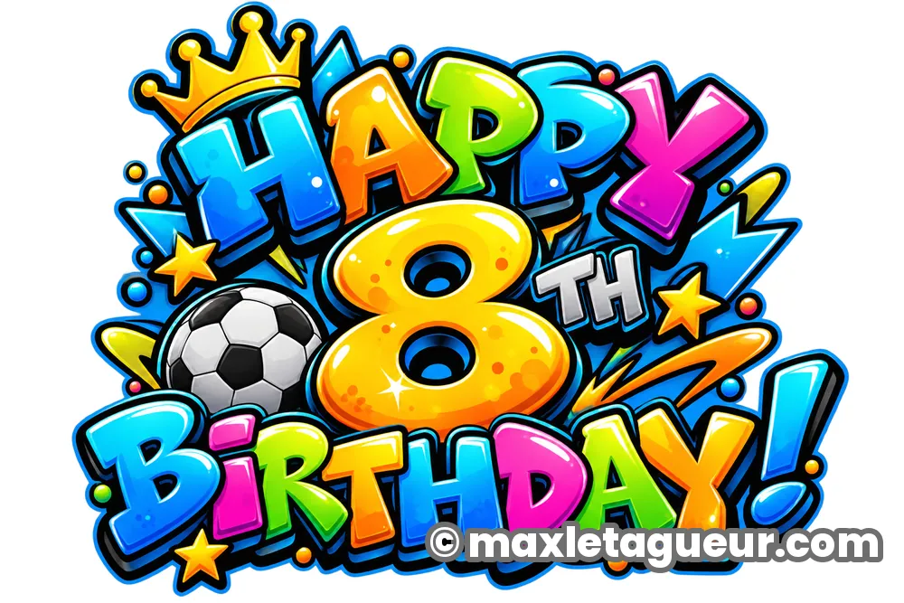 Graffiti Joyeux anniversaire 8 ans bleu et jaune – lettrage graffiti – Max Le Tagueur – 2026