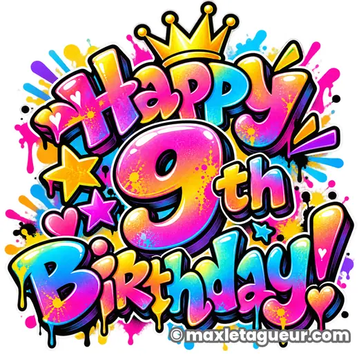 Graffiti Joyeux anniversaire 9 ans rose et jaune – lettrage graffiti – Max Le Tagueur – 2026