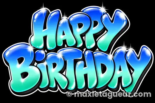 Graffiti Joyeux anniversaire noir et turquoise – lettrage graffiti – style 20 – Max Le Tagueur – 2026