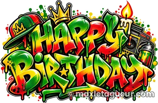 Graffiti Joyeux anniversaire vert et jaune – lettrage graffiti – style 3 – Max Le Tagueur – 2026