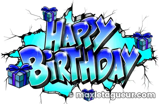 Graffiti Joyeux anniversaire turquoise et bleu – lettrage graffiti – style 23 – Max Le Tagueur – 2026