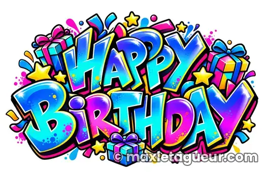 Graffiti Joyeux anniversaire turquoise et bleu – lettrage graffiti – style 9 – Max Le Tagueur – 2026