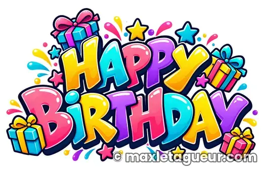 Graffiti Joyeux anniversaire jaune et turquoise – lettrage graffiti – style 10 – Max Le Tagueur – 2026