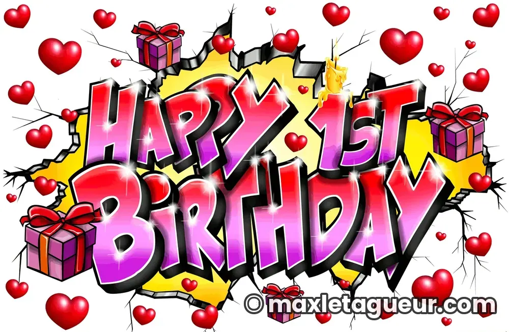 Graffiti Joyeux anniversaire rouge et rose – lettrage graffiti – Max Le Tagueur