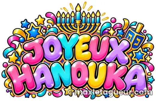 Graffiti Joyeux Hanouka rose et jaune – lettrage graffiti – style 2 – Max Le Tagueur – 2026