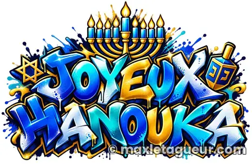 Graffiti Joyeux Hanouka bleu et noir – lettrage graffiti – style 3 – Max Le Tagueur – 2026