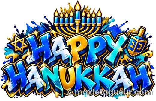 Graffiti Joyeux Hanouka bleu et jaune – lettrage graffiti – style 5 – Max Le Tagueur – 2026