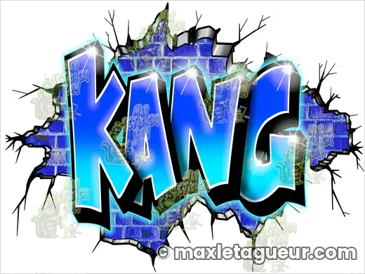 Graffiti prénom Kang bleu et gris – graffiti personnalisé en situation – style 4 – Max Le Tagueur – 2022