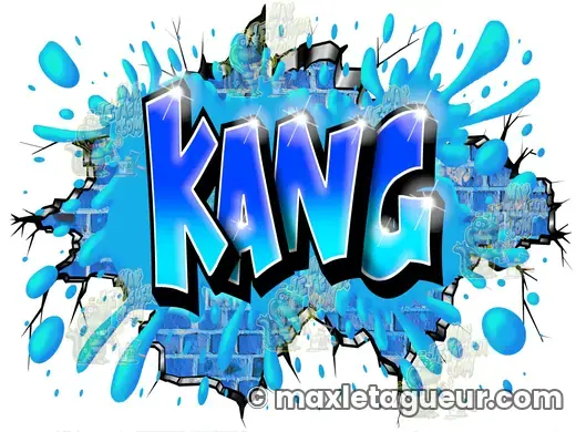 Graffiti prénom Kang turquoise et bleu – graffiti personnalisé en situation – style 3 – Max Le Tagueur – 2022