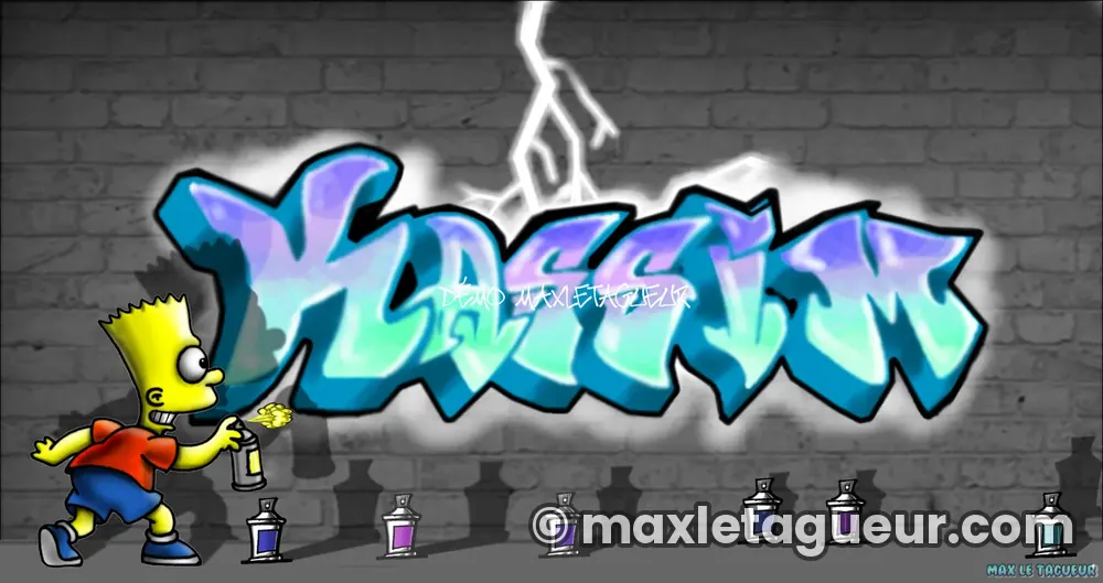 Graffiti prénom Kassim gris et turquoise – graffiti personnalisé en situation – Max Le Tagueur