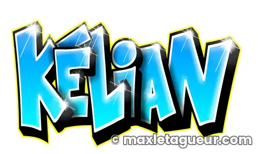 Graffiti prénom Kelian turquoise et noir – lettrage graffiti – style 3 – Max Le Tagueur