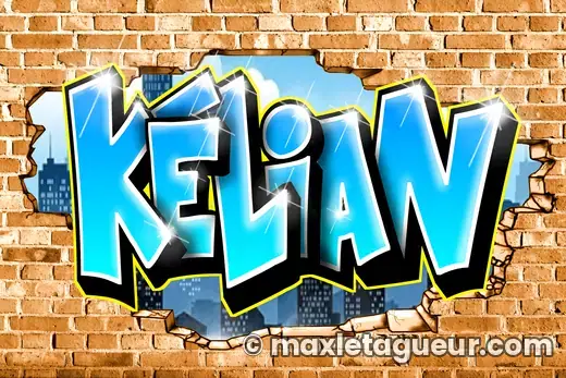 Graffiti prénom Kelian orange et turquoise – lettrage graffiti – Max Le Tagueur