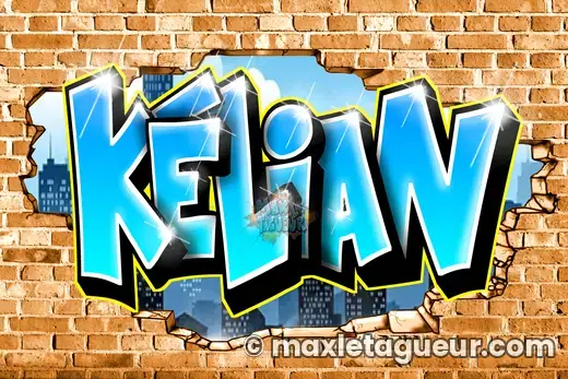 Graffiti prénom Kelian orange et turquoise – graffiti personnalisé en situation – style 4 – Max Le Tagueur