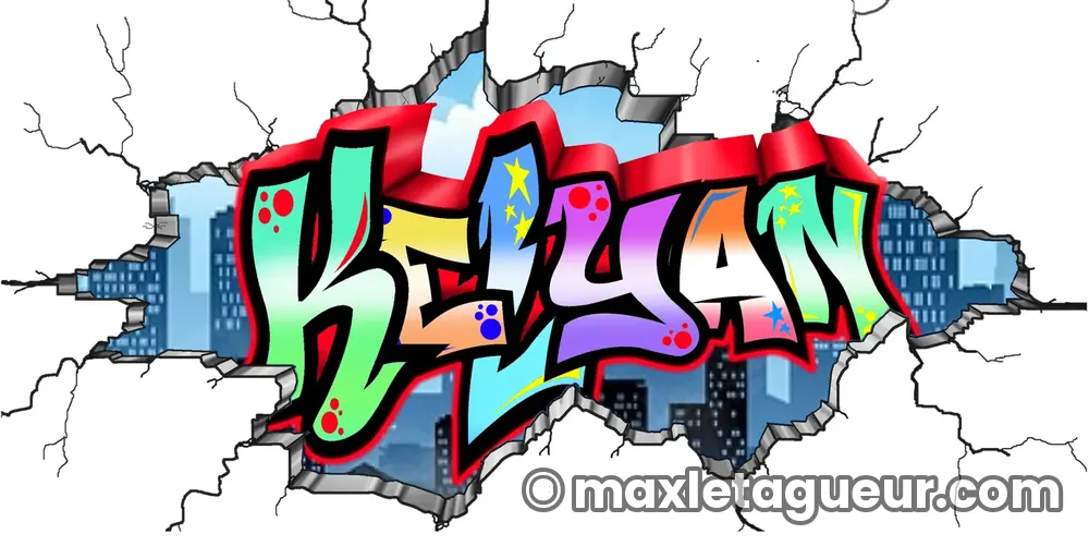 Graffiti prénom Kelyan gris et bleu – lettrage graffiti – Max Le Tagueur