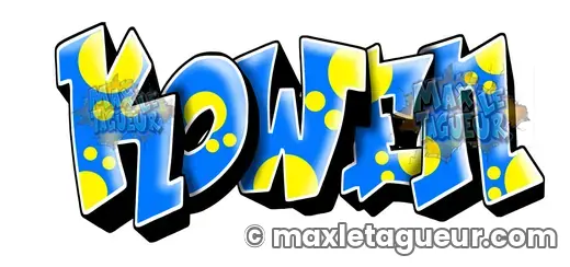 Graffiti prénom Kowen bleu et gris – graffiti personnalisé en situation – style 2 – Max Le Tagueur