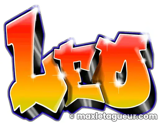 Graffiti prénom Léon orange et jaune – lettrage graffiti – style 5 – Max Le Tagueur – 2018