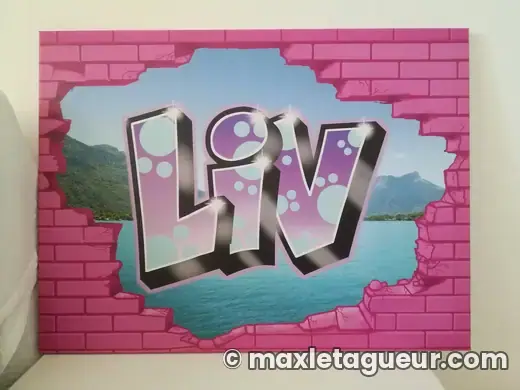 Graffiti prénom Liv gris et rose – tableau graffiti sur toile – Max Le Tagueur