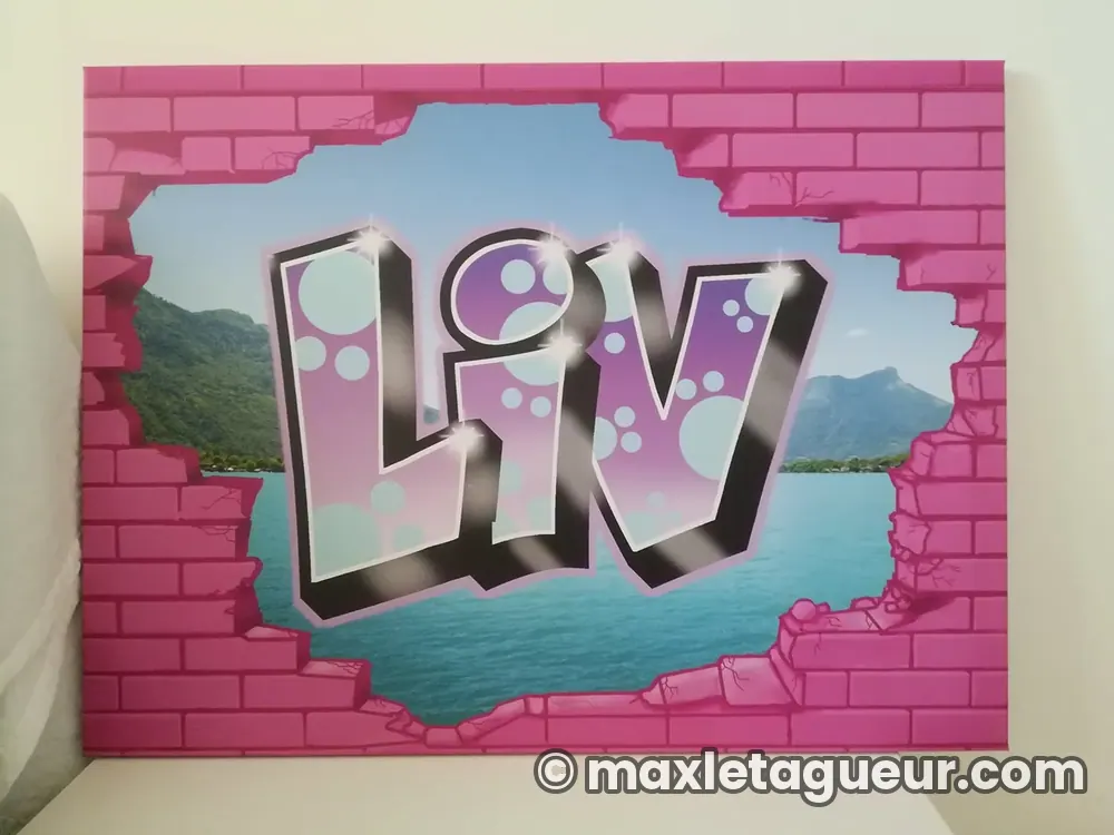 Graffiti prénom Liv gris et rose – tableau graffiti sur toile – Max Le Tagueur