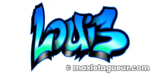 Graffiti prénom Louis bleu et noir – lettrage graffiti – style 7 – Max Le Tagueur – 2021