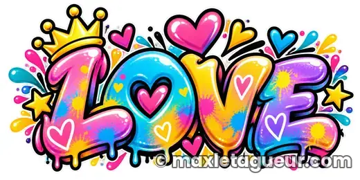 Graffiti Love & Je t'aime rose et jaune – lettrage graffiti – style 3 – Max Le Tagueur – 2026