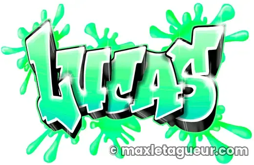 Graffiti prénom Lucas vert et gris – lettrage graffiti – style 5 – Max Le Tagueur
