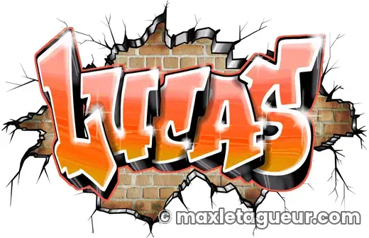 Graffiti prénom Lucas orange et rouge – lettrage graffiti – style 6 – Max Le Tagueur