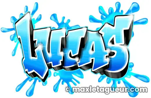 Graffiti prénom Lucas turquoise et bleu – lettrage graffiti – style 7 – Max Le Tagueur