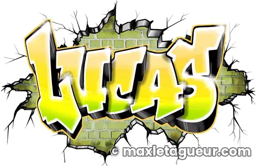 Graffiti prénom Lucas jaune et gris – lettrage graffiti – style 8 – Max Le Tagueur
