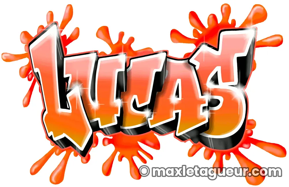Graffiti prénom Lucas orange et rouge – lettrage graffiti – Max Le Tagueur
