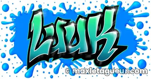 Graffiti prénom Luuk bleu et turquoise – lettrage graffiti – Max Le Tagueur