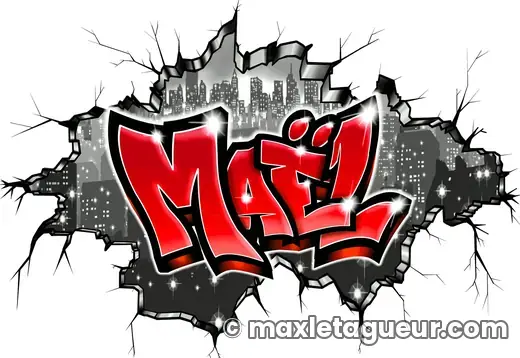 Graffiti prénom Maël gris et rouge – lettrage graffiti – style 11 – Max Le Tagueur