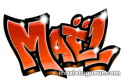 Graffiti prénom Maël orange et rouge – lettrage graffiti – style 3 – Max Le Tagueur