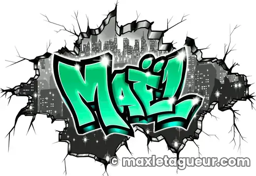 Graffiti prénom Maël gris et noir – lettrage graffiti – style 4 – Max Le Tagueur