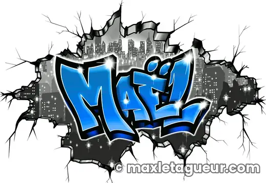 Graffiti prénom Maël gris et bleu – lettrage graffiti – style 9 – Max Le Tagueur
