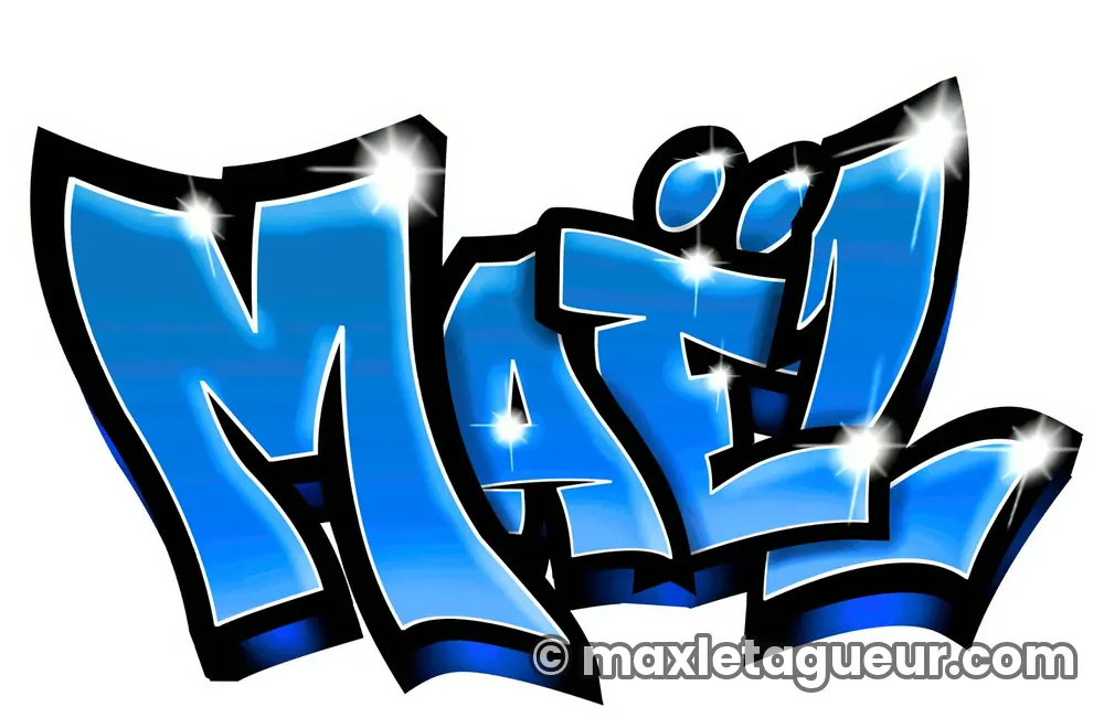 Graffiti prénom Maël bleu et noir – lettrage graffiti – Max Le Tagueur