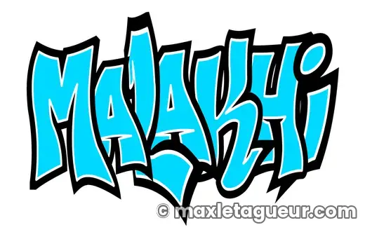 Graffiti prénom Malakhi turquoise et noir – lettrage graffiti – style 2 – Max Le Tagueur – 2020