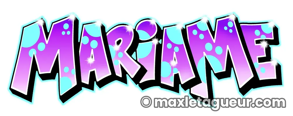 Graffiti prénom Mariame violet et turquoise – lettrage graffiti – Max Le Tagueur