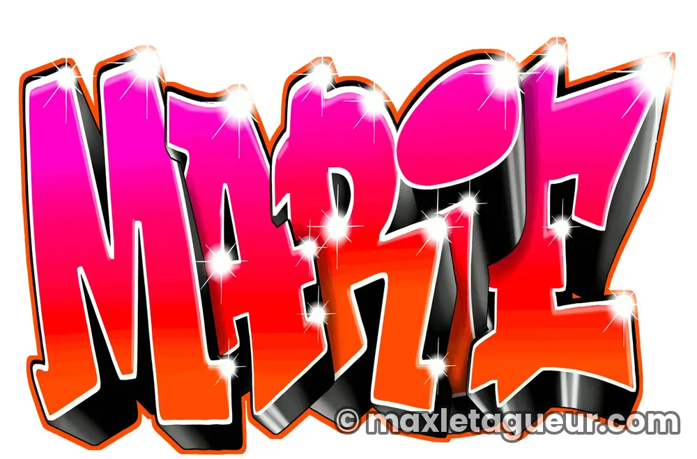 Graffiti prénom Marie rose et rouge – lettrage graffiti – Max Le Tagueur