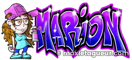 Graffiti prénom Marion violet et gris – lettrage graffiti – style 4 – Max Le Tagueur