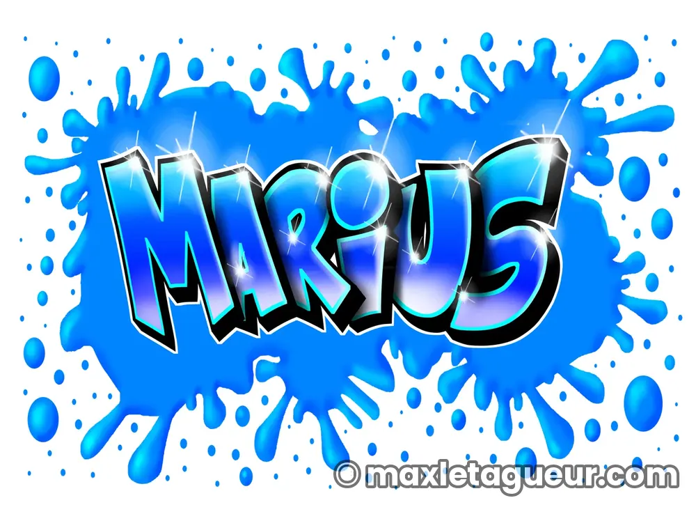 Graffiti prénom Marius bleu et turquoise – lettrage graffiti – Max Le Tagueur – 2019