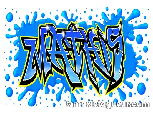 Graffiti prénom Mathis bleu et turquoise – lettrage graffiti – style 11 – Max Le Tagueur