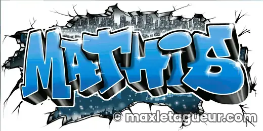 Graffiti prénom Mathis bleu et gris – lettrage graffiti – style 4 – Max Le Tagueur – 2018