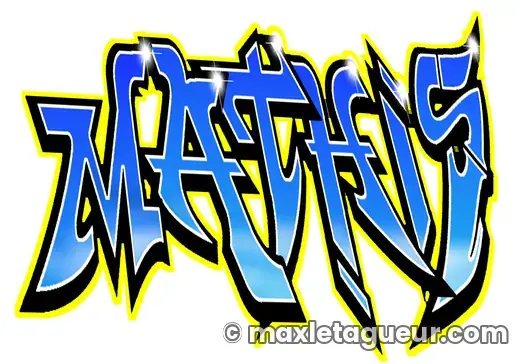 Graffiti prénom Mathis bleu et jaune – lettrage graffiti – style 8 – Max Le Tagueur