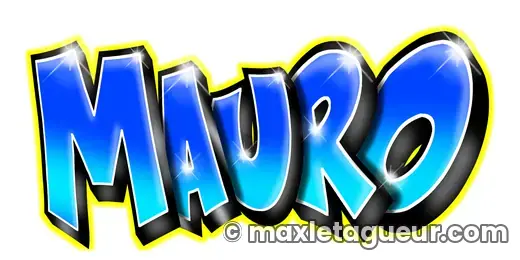 Graffiti prénom Mauro bleu et jaune – lettrage graffiti – Max Le Tagueur – 2019